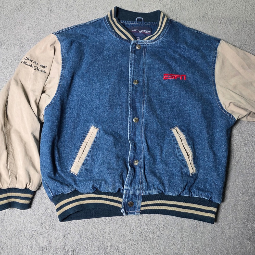 Swingster Mens L Varsity Jacket Blue Denim ESPN Club Disney World 1996 Vintage